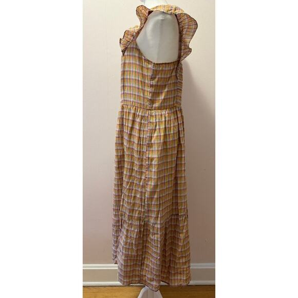 LOFT Madras Plaid Ruffle Sleeve Tiered Smocked Feminine Midi Dress Size S - Picture 3 of 7